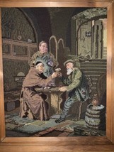 Vtg Framed Finished Needlepoint Bearded Man Drinking With Monks 16”x21” - £150.28 GBP