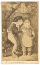 CIRCA 1870&#39;S Rare CDV Lithograph Titled &quot;Lets go Halves&quot; Two Odd Looking Kids - £10.97 GBP