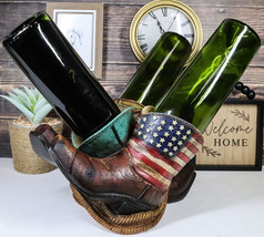 Western Patriotic American Flag Faux Tooled Leather Boots 3 Bottles Wine... - $49.99