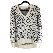 LOFT Sweater Oversized Hi Low Leopard Print V Neck Wool Blend Ivory Black S - £7.66 GBP