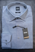 HUGO BOSS Uomo Hank Kent Slim Fit Blu Scuro Cotone Elastico Camicia 37 14.5 - £51.42 GBP