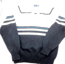 PGA Tour V-Neck Pullover Golf Sweater Men L Cream Stripe 100% Acrylic Preppy - £23.44 GBP