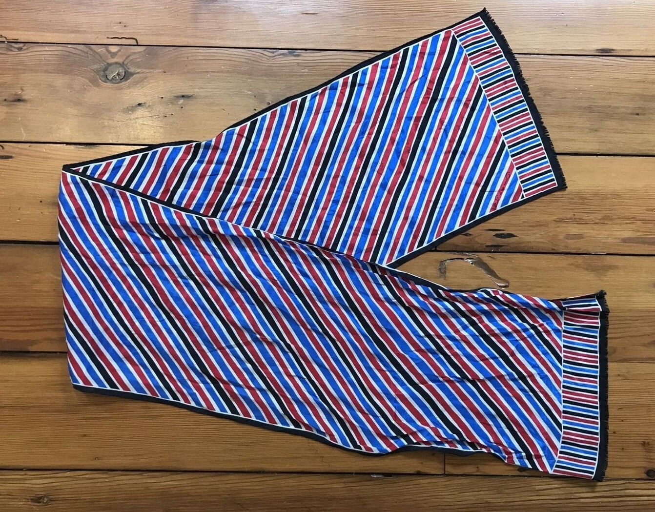 Vintage Oscar de la Renta Blue Red Black Striped Silk Fringe Scarf Wrap 52&quot; - $39.59