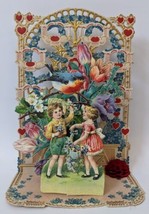 Victorian Antique Vintage Germany Diecut Fold-out VALENTINES Card w/ Boy &amp; Girl - £107.66 GBP