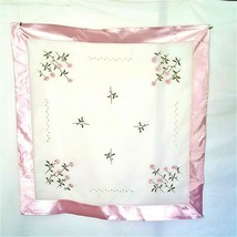 Vintage Square Table topper pink Satin trim roses 33.5 x33.5 inches - £12.23 GBP