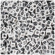 BeadTin White Opaque 6mm Cube Plastic Alphabet Beads- Black Letter B (80... - $2.09