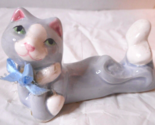 Ceramic Posing Gray White Cat Blue Bow Hollow Glazed Taiwan Vintage 3 1/... - $12.38
