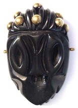 Tribal Mask Carved Black Bakelite Face Pin Brooch - $99.00