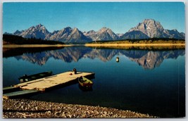 Postcard Wyoming Grand Tetons Reflected in Jackson Lake With Boat Dock - $5.33