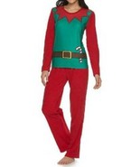 Womens Pajamas Christmas Elf Red Green Long Sleeve Top Pants 2 Pc Fleece... - £24.92 GBP