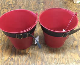 Christmas winter holiday red metal buckets pail with handle decorative belt - $24.70