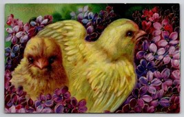 Easter Greeting Two Chics With Purple Flowers Postcard X25 - £3.96 GBP