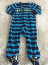 Child Of Mine Boys Blue Striped LITTLE BROTHER Long Fleece Pajamas 6-9 Months - £4.29 GBP