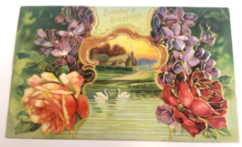 BIRTHDAY GREETINGS Embossed CIRCA 1910 Antique VERY Colorful FLORAL ART ... - £11.72 GBP