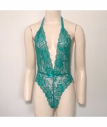 LACE TEDDY T-Shirt Low Back Halter Top Teal Gold Plunge Stretchy High Cu... - $649.84 MXN