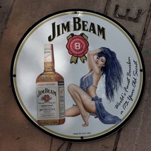 Vintage 1964 Jim Beam Straight Bourbon Whiskey Porcelain Gas &amp; Oil Pump Sign - £97.73 GBP