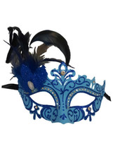 Blue Jeweled Mardi Gras Princess Venetian Masquerade Mask Feathers - £17.06 GBP