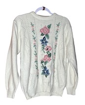 Vintage Alfred Dunner Floral Embroidered Sweater With Pearl Accents In Ivory - $34.00