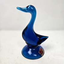 Viking Art Glass Bluenique Duck Figurine 5&quot; Hand Blown Original Sticker Vintage - £38.70 GBP