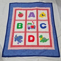 Vintage Baby Quilt Comforter Blanket ABCD Alphabet Letter Dots Red Blue White - £47.36 GBP