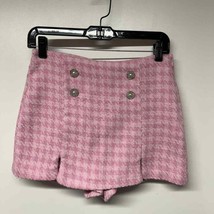 Zara Womens Pink Houndstooth Tweed Skort Shorts Pearl Rhinestone Buttons Small - £20.57 GBP