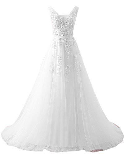 Kivary Women V Neck Sheer Beaded Long Prom Dress Formal Tulle Evening Gown White