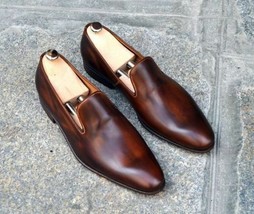 men&#39;s Handmade Leather Two Tone Patina Whole Cut Loafers Custom made men shoes - £134.07 GBP