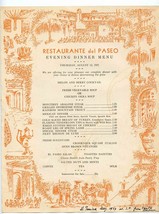 Restaurante Del Paseo Evening Dinner Menu 1937 Santa Barbara California  - £44.91 GBP