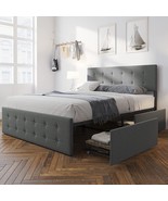 Amyove Queen Bed Frame In Grey With Adjustable Headboard, 4 Storage Draw... - £234.60 GBP
