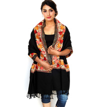 Women Aari Kashmiri Black Stole Ethnic Flower Embroidered Wool Shawl Cashmere - £62.14 GBP
