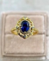 14k Yellow Gold Plated 3 Ct Oval Simulated Sapphire Engagement Double Halo Ring - £77.54 GBP