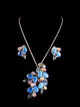 Vintage blue Rhinestone necklace Brooch earrings - iridescent sugar stones - fau - £131.89 GBP
