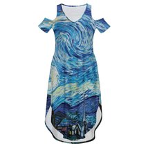 Woman&#39;s Starry Night Cold Shoulder V-Neck Split Midi Dress Pocket (Size ... - £21.24 GBP