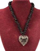 Vintage Choker Black Beads on Silver Heart with Black Satin Cord Goth Ap... - $10.39