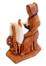 Figurine Wood Hand Carved Statue Woman &amp; Spinning Wheel Rustic Folk Art Vintage - £25.62 GBP