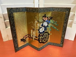 Vintage Asian Printed Folding Four Panel Tabletop Screen wagon flowers 10.5x7&quot; H - $15.84