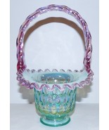 FENTON ART GLASS AQUA IRIDIZED OPALINE THUMBPRINT DUSTY ROSE CREST 9&quot; BA... - $113.84