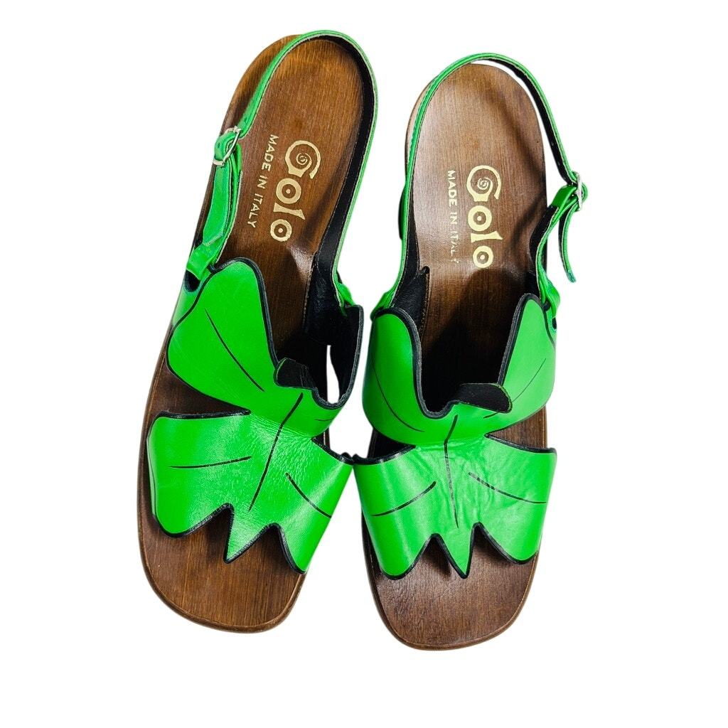 VTG 70s Golo Italy Bright Green Leaf Slingback Block Heel Sandals Mod Pop Art 8 Item image 10
