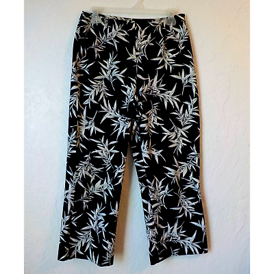 Primary image for Rafaella Black Crop Pants Women size 6 High Waist White Leaves Pattern Stretch