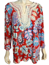 NWT Talbots Red, Blue, Tan V Neck Knit 3/4 Sleeve Top With Lace Neck Size XL - £37.09 GBP