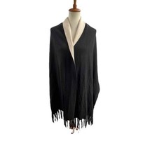 Sandro Wrap Sweater Black Fringe Edges Ribbed Sleeve Open Front One Size - £40.87 GBP