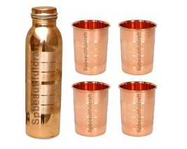Copper Water Drinking Bottle With 4 Tumbler Glass Cup Ayurvedic Health B... - $44.62