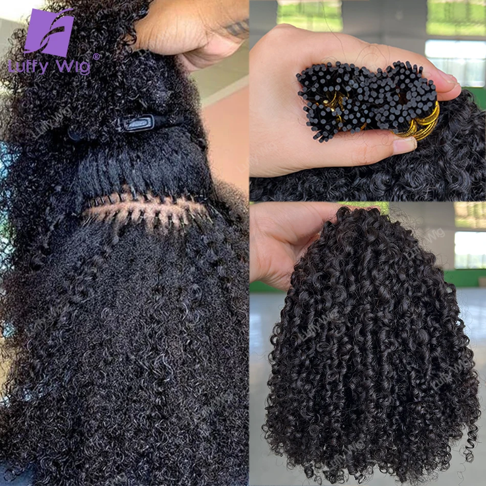 Le drawn i tip hair extensions 100 real itip human hair remy mongolian afro kinky curly thumb200