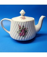 CROWN DORSET 6 Cup Teapot STAFFORDSHIRE Ribbed Swirl Pink Roses Floral G... - $38.82 CAD