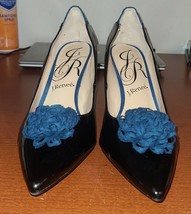 J. Renee Rarita Heels Women&#39;s 8½ Wide Black Patent Pumps Blue Bow. - $32.99