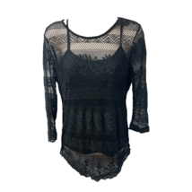 Bar III Womens Blouse Tank Top Set Black 3/4 Sleeve Scoop Neck Stretch Lace S - £11.19 GBP