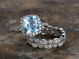 2Ct Cushion Cut Blue Topaz Trio Bridal Set Engagement Ring 14k White Gold Finish - £96.57 GBP