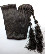Oblong Scarf  Brown Gold Lurex Tassel Straight Fringe Knot satin knit - £5.60 GBP