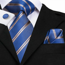 Royal Blue &amp; Light Brass Striped Necktie Set includes Hanky and Cufflinks - $19.99