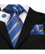 Royal Blue & Light Brass Striped Necktie Set includes Hanky and Cufflinks - $19.99